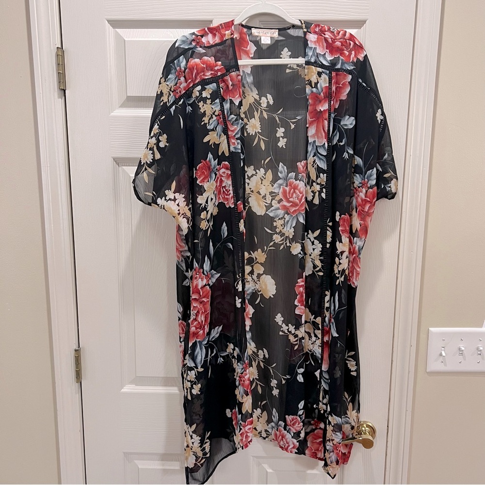 Band of Gypsies Sheer Kimono Oversized Size Small Black Floral Print Boho Q6